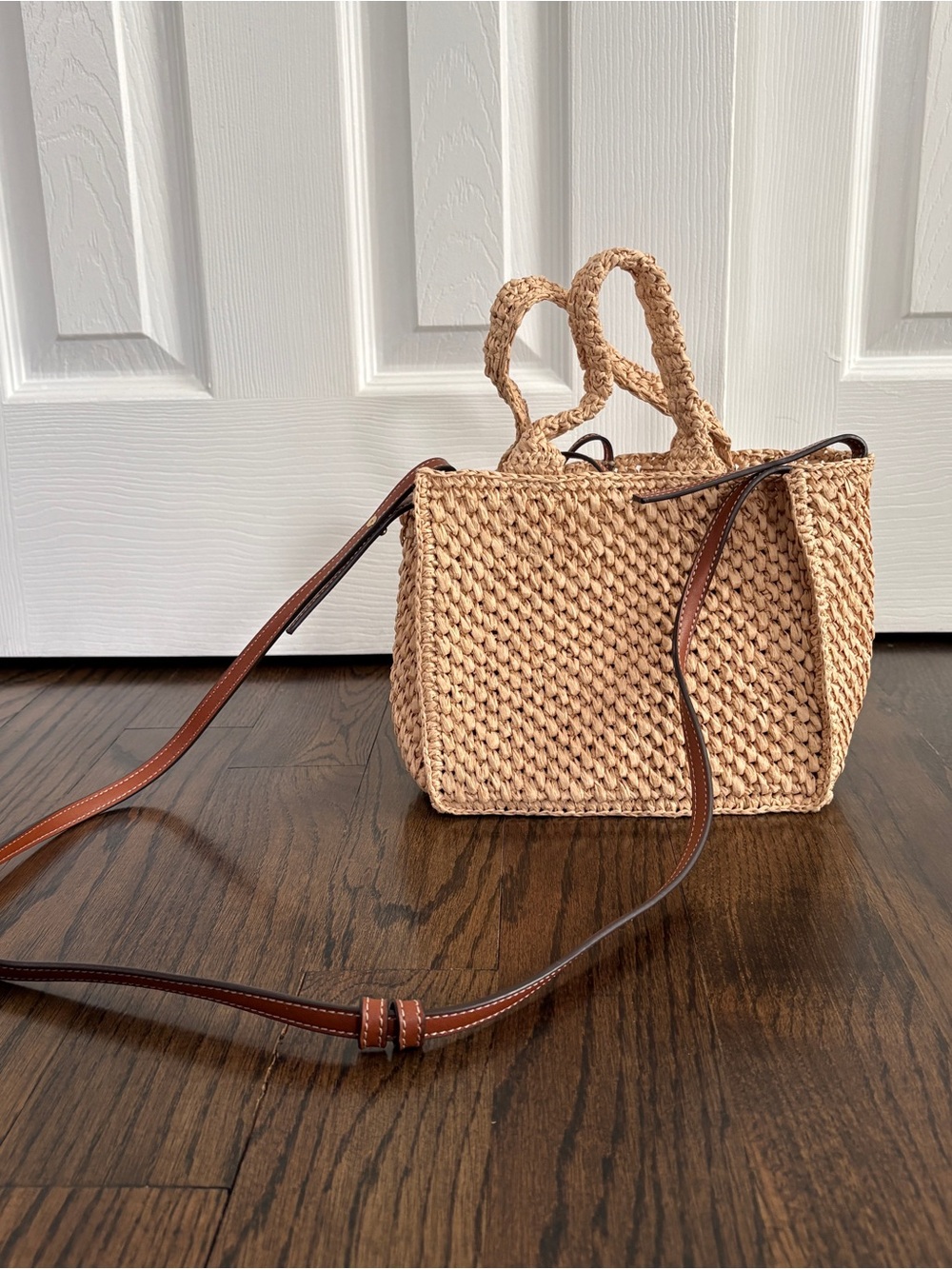 Mango Woven Straw Crossbody Bag in Natural with Brown Strap